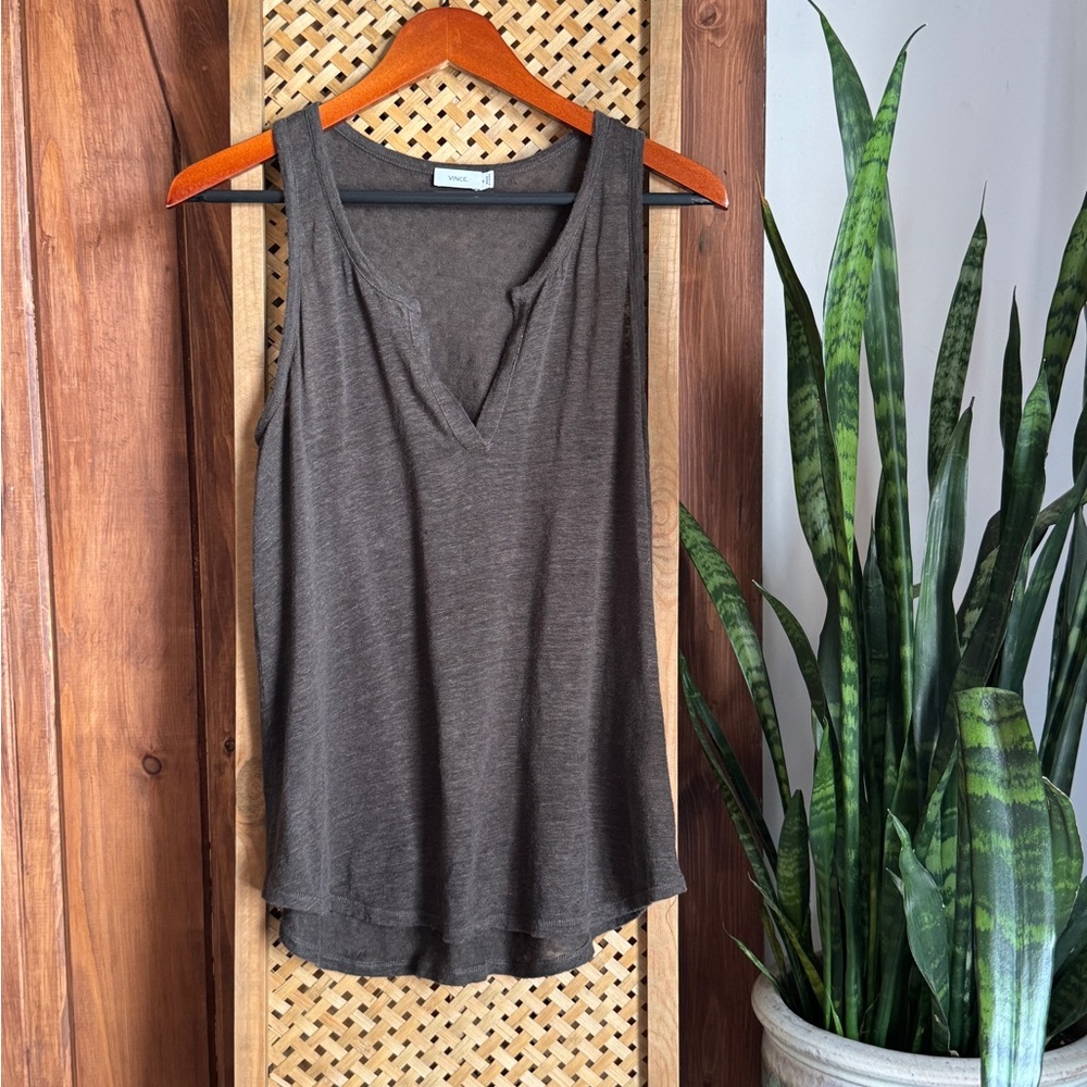 Vince Brown Notched Collar Tank Top